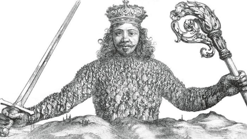 De oorspronkelijke omslagillustratie van Hobbes’ Leviathan: de sterfelijke god, de vorst, opgebouwd uit ‘zijn’ volk.