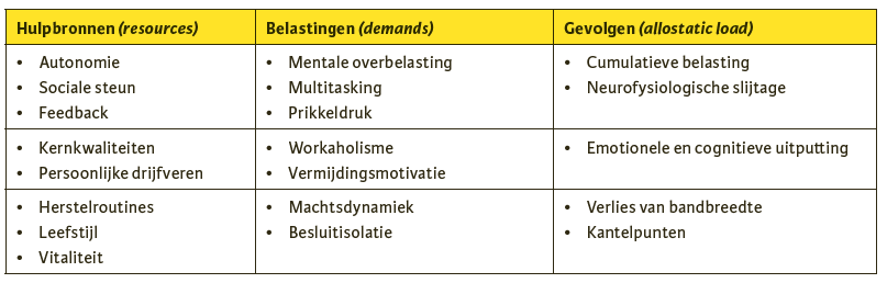Tabel met Kerncategorieën bij welzijnsmodellen in relatie tot executive druk