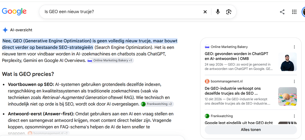 Google AI overszicht met daarin het artikel dat ik schreef op basis van mijn Mensregel